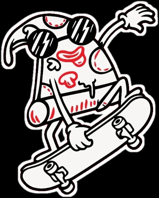 Point, la mascota de Pizza Point, en patineta